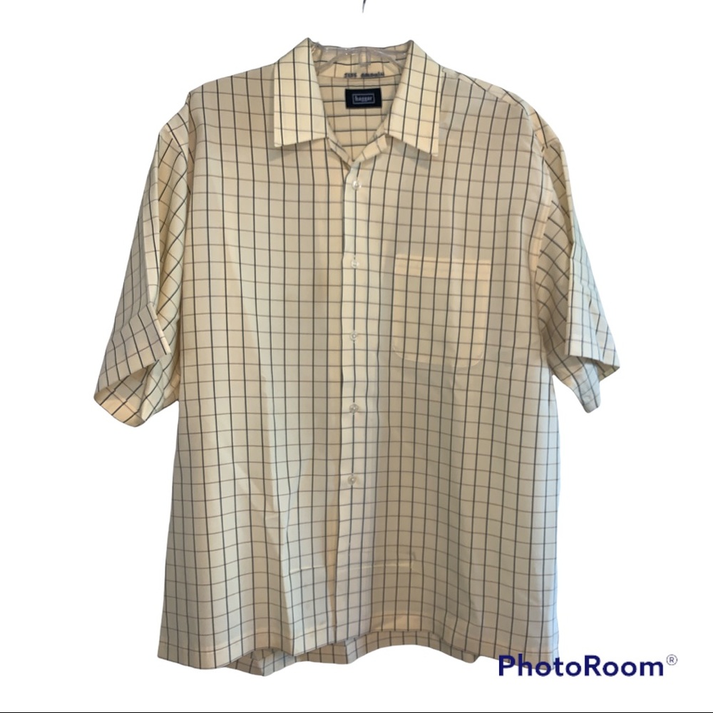 Haggar Mens’s Yellow Plaid Short Sleve Button Front Shirt Sz L